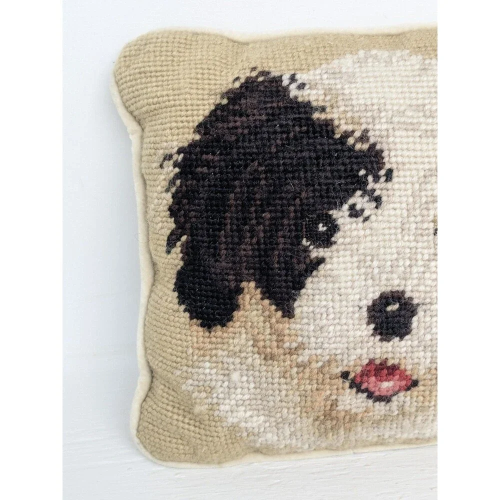 Vtg Needlepoint Dog Pillow Old English Sheepdog/Sheepadoodle Black White 7